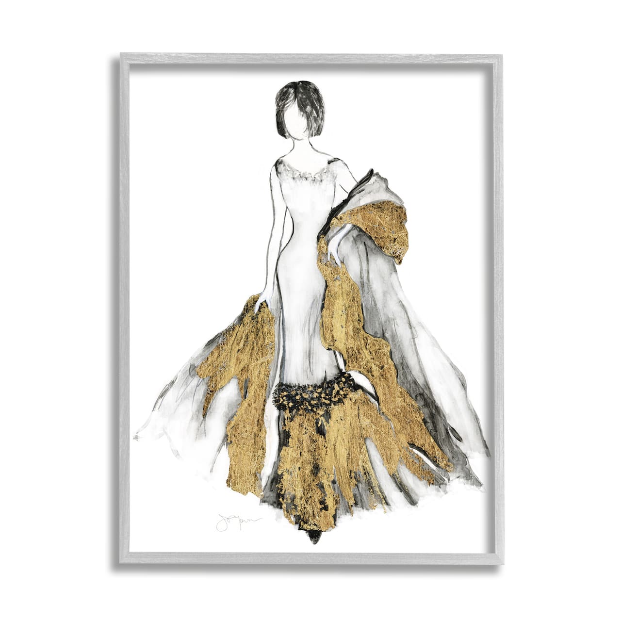 Stupell Industries Fashion Figure Drawing Female Glam Evening Gown Gold Framed Wall Art